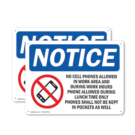 Signmission No Cell Phones Allowed In Work, 18 in W x Rectangle, Plastic OS-2PACK-NS-P-1218-L-14420